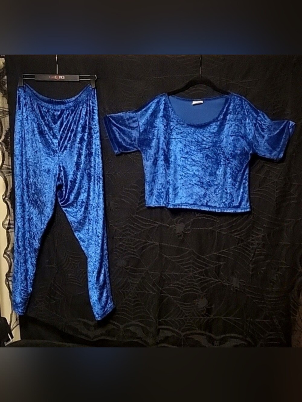 Vtg 90s Secret Treasures  blue sateen crop top High Waist Pant loungewear set L - Picture 3 of 17